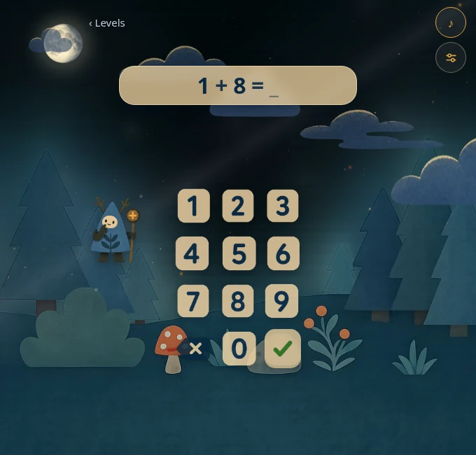 Quiet Forest Numbers addition practice: a sum above cream number keys in the moonlit forest, with the blue-hatted guide beside it.