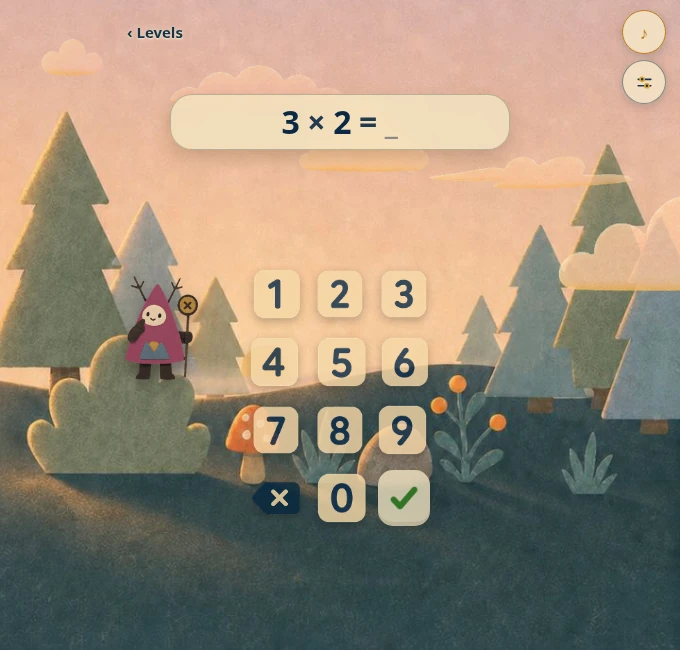 Multiplication practice in a golden sunrise forest, with a red-hatted guide and cream number keys.